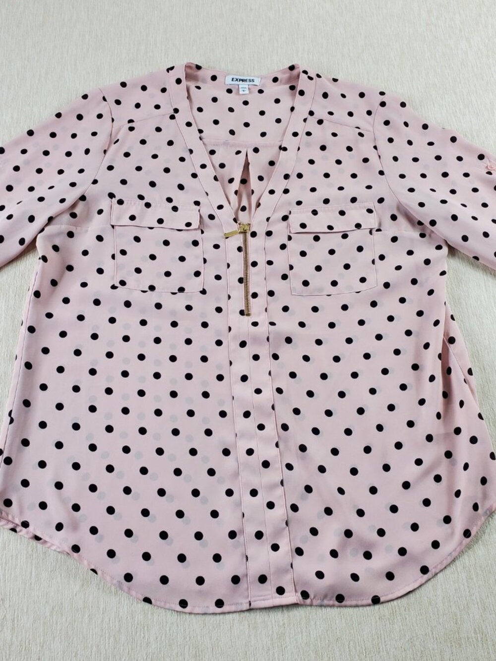Express Sheer Blouse Large Pink/Black Polka Dot Zip V-Neck Roll Tab Sleeve - Picture 2 of 12
